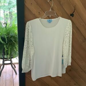 CeCe White Boxy 3/4 Sleeve Blouse with Embellished Details